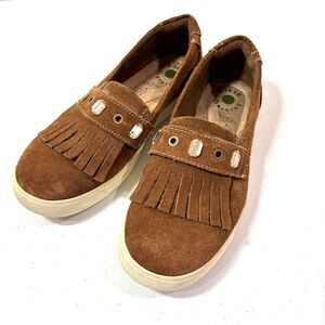 Earth Origins Suede Loafers Mocassins Womens 7.5 Camel Brown Fringe Slip On